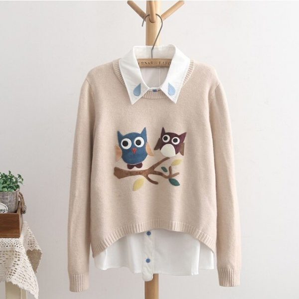 beige pullover owls design embroidery love owls gift