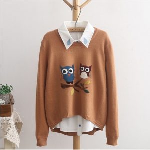 brown pullover owls design embroidery love owls gift