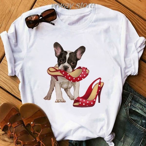 gift white tshirt bulldog with red shoes